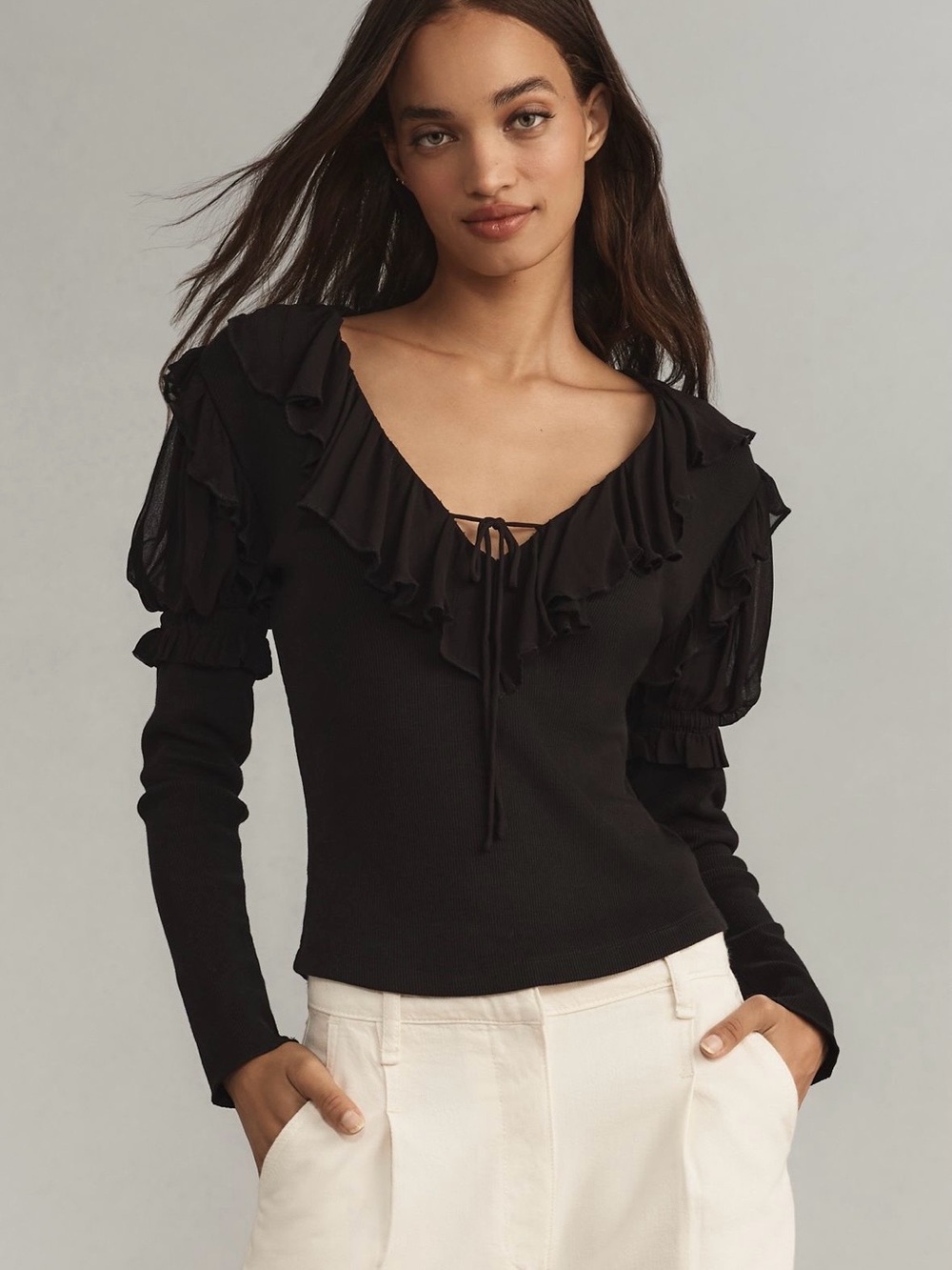 Anthropologie Black Ruffle V-Neck Long Sleeve Blouse
